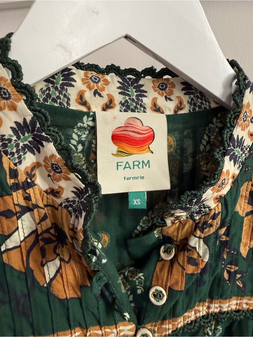 FARM Rio Forest Green Floral Button-Down Blouse with Mustard Trim - Picture 2 of 5